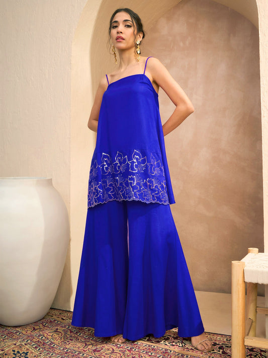 Women's Navy Embroidered Strappy Kurta With Palazzos