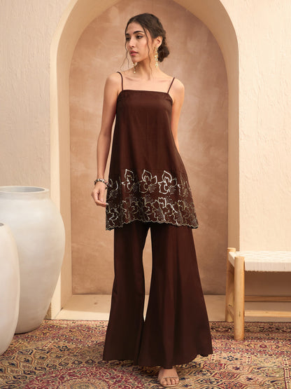 Women's Brown Embroidered Strappy Kurta With Palazzos