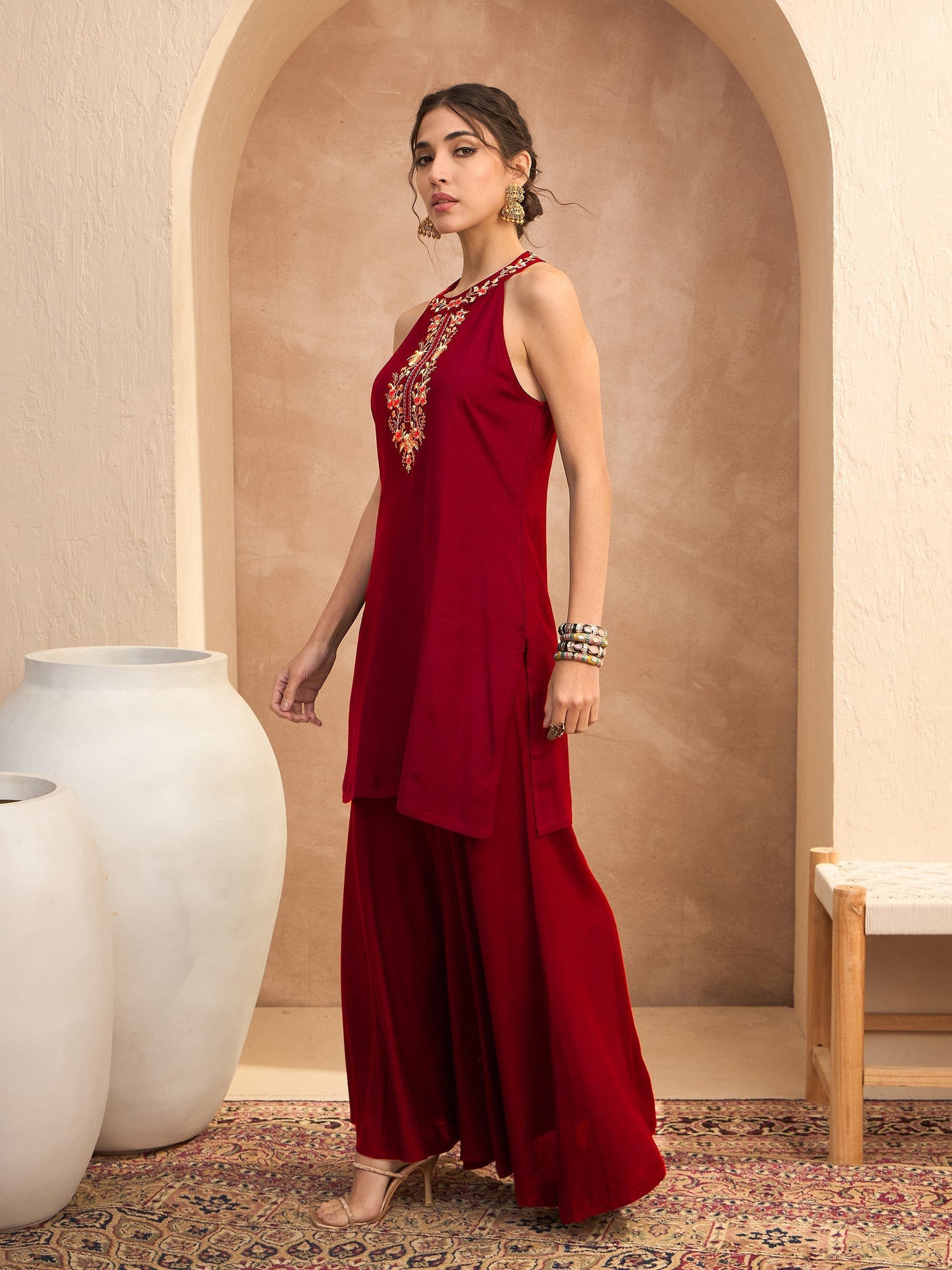 Women's Red Embroidered Halter Kurta With Palazzos