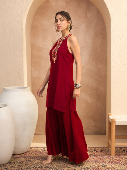Women's Red Embroidered Halter Kurta With Palazzos