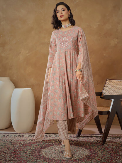 Women's Peach Floral Anarkali Kurta With Pants & Dupatta