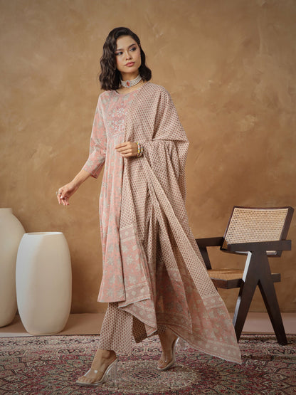 Women's Peach Floral Anarkali Kurta With Pants & Dupatta