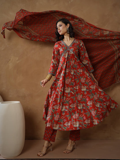 Women's Red Floral Anarkali Kurta With Pants & Dupatta