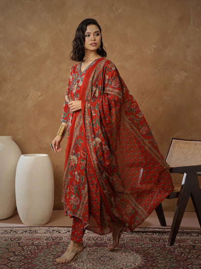 Women's Red Floral Anarkali Kurta With Pants & Dupatta