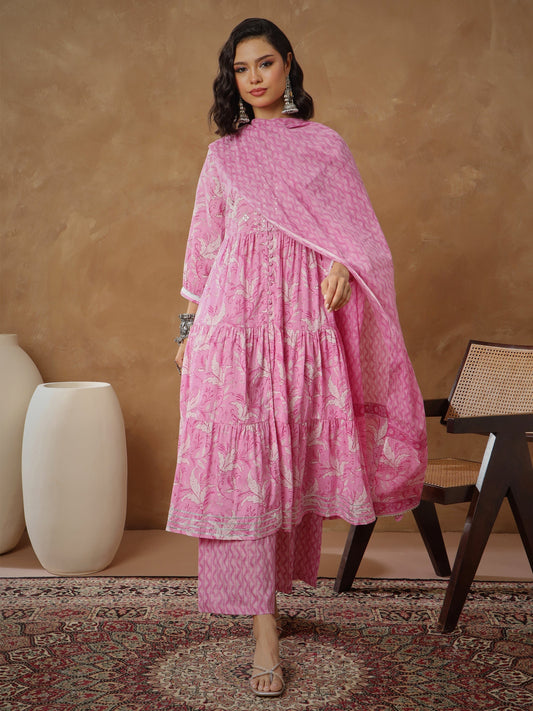 Women's Pink Floral Tiered Anarkali Kurta With Pants & Dupatta