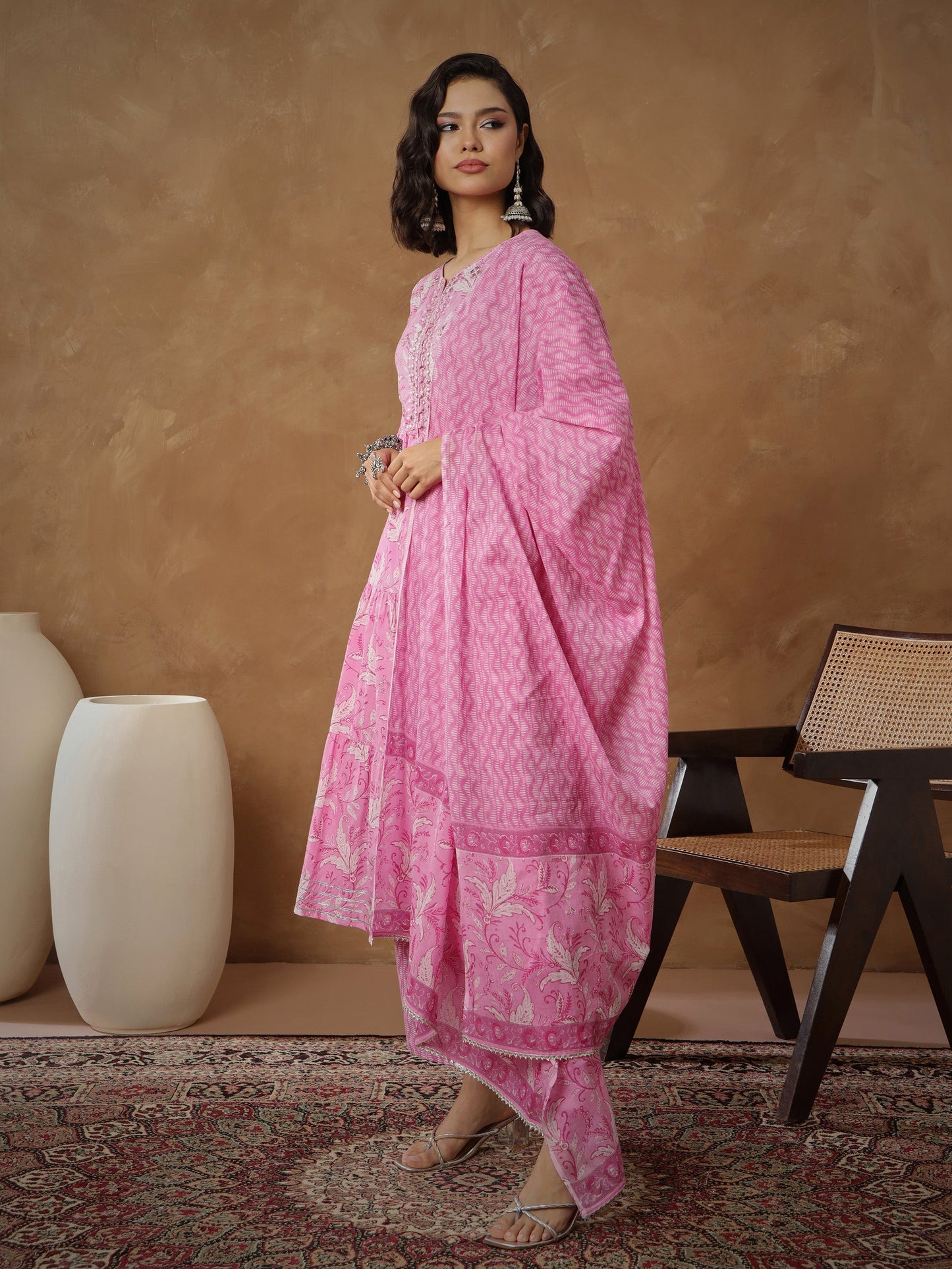 Women's Pink Floral Tiered Anarkali Kurta With Pants & Dupatta