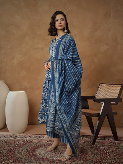 Women's Navy Floral Tiered Anarkali Kurta With Pants & Dupatta