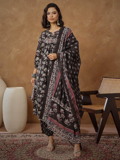 Women's Black Floral Anarkali Kurta With Afghani Pants & Dupatta