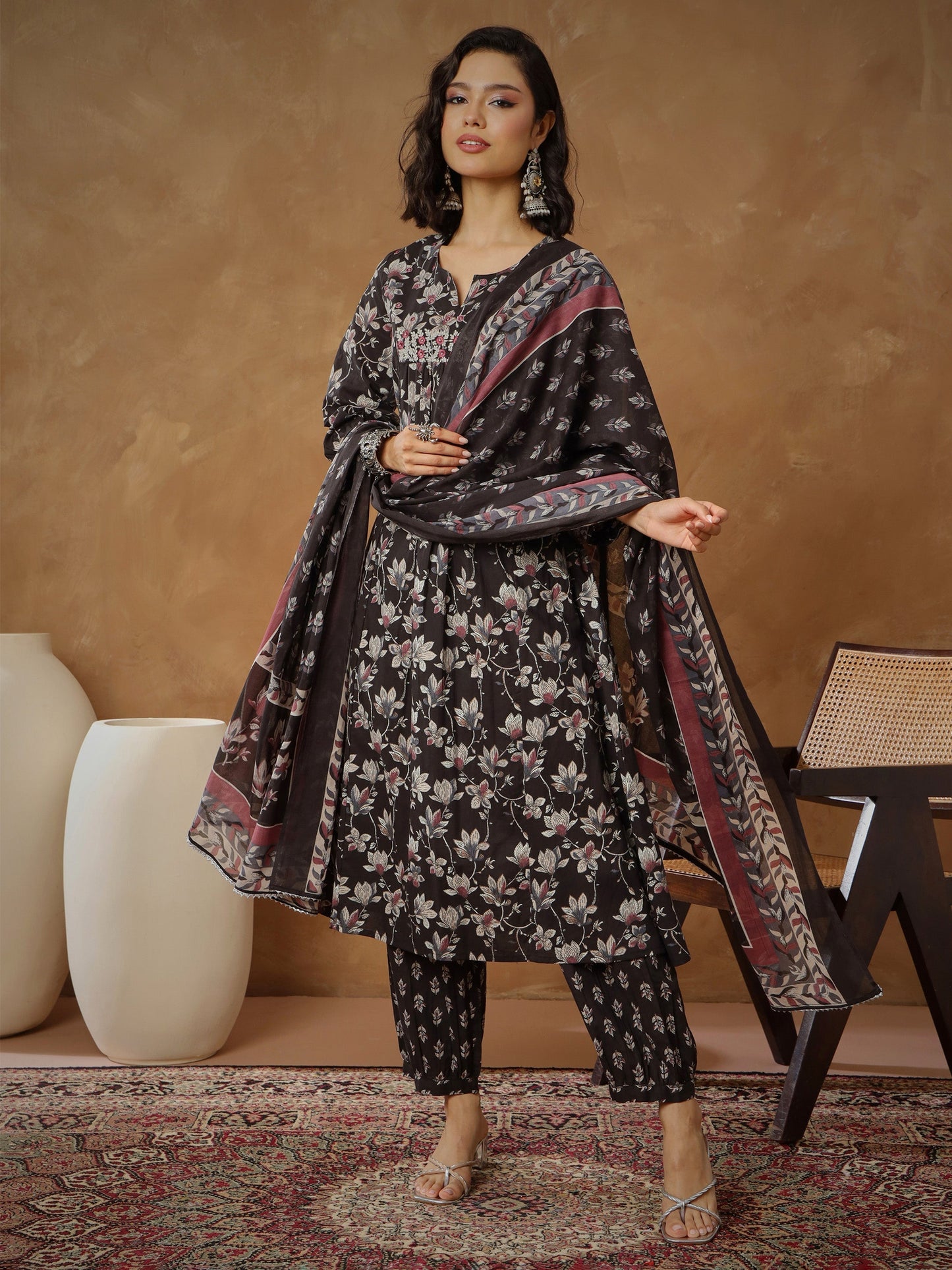Women's Black Floral Anarkali Kurta With Afghani Pants & Dupatta