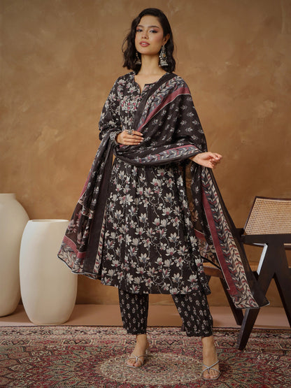 Women's Black Floral Anarkali Kurta With Afghani Pants & Dupatta