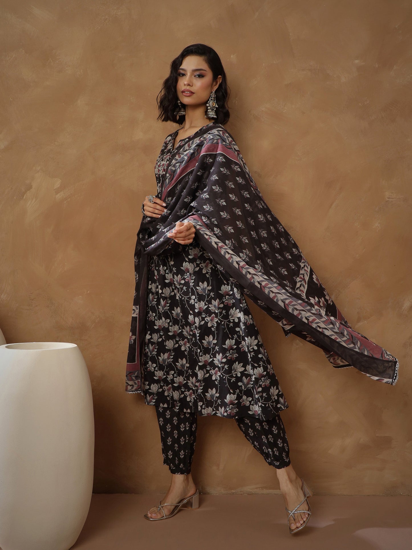 Women's Black Floral Anarkali Kurta With Afghani Pants & Dupatta