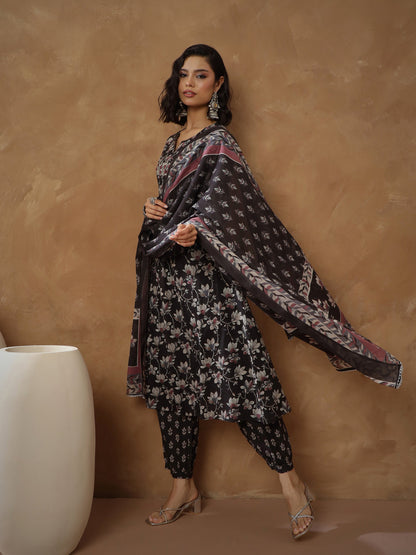 Women's Black Floral Anarkali Kurta With Afghani Pants & Dupatta