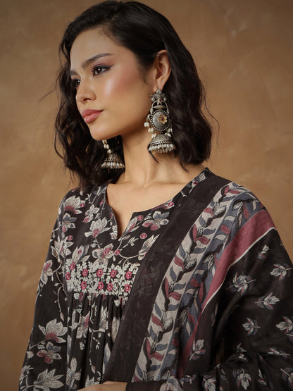 Women's Black Floral Anarkali Kurta With Afghani Pants & Dupatta