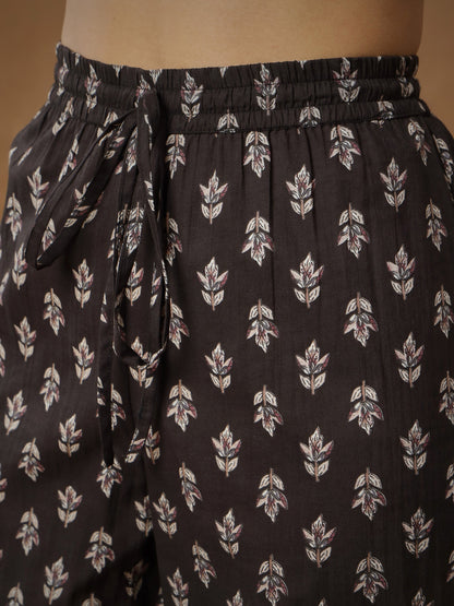 Women's Black Floral Anarkali Kurta With Afghani Pants & Dupatta