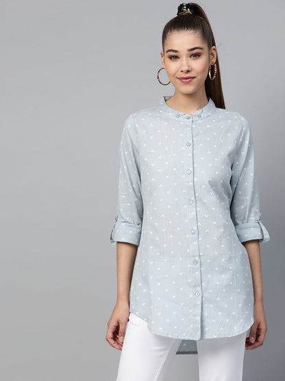 Women's Blue Heart Print High Low Shirt