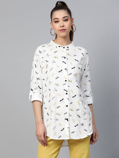 Women's White Drangonfly Print High Low Shirt