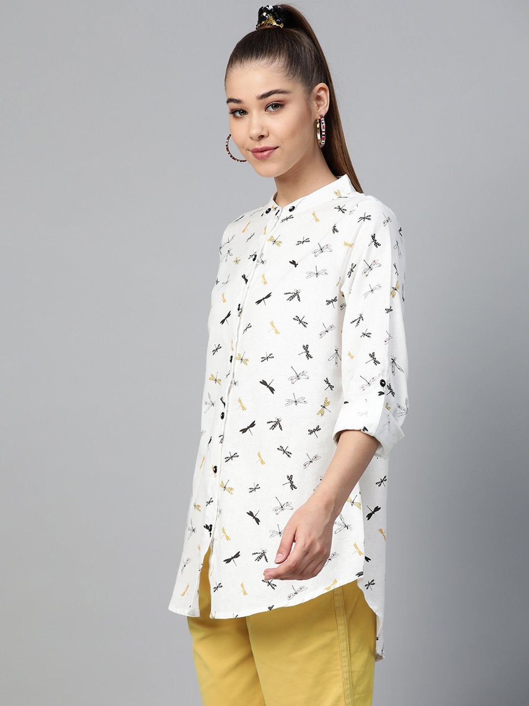 Women's White Drangonfly Print High Low Shirt