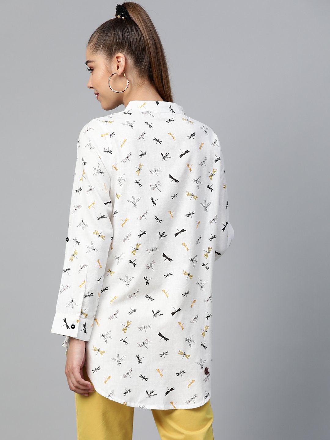 Women's White Drangonfly Print High Low Shirt
