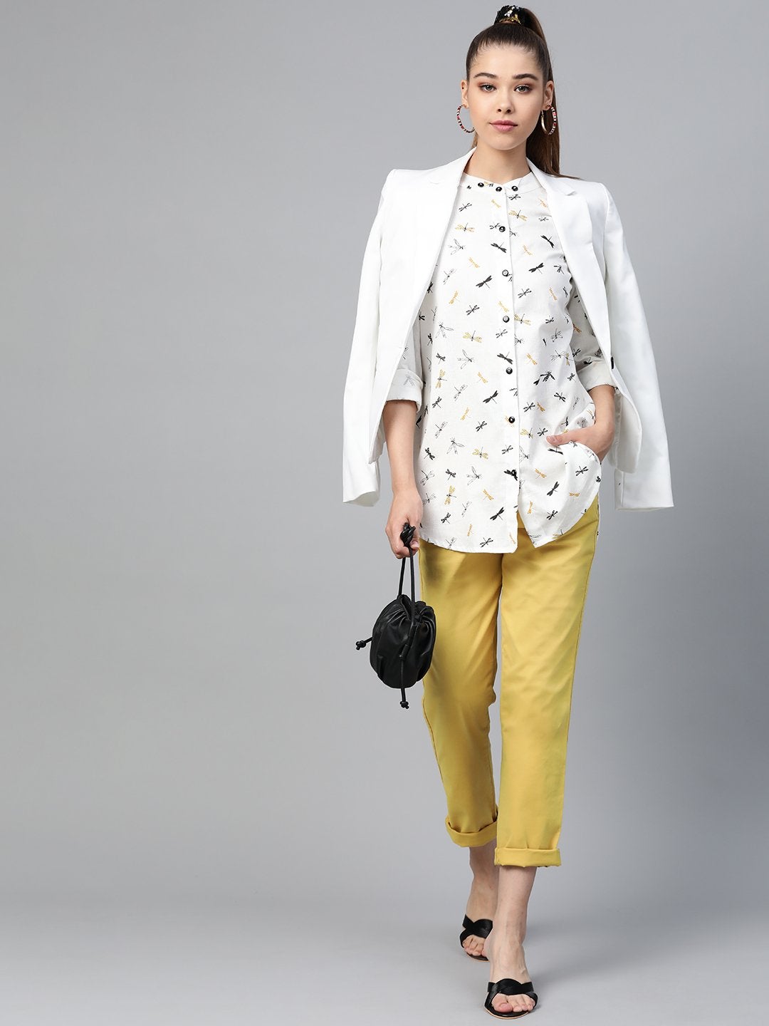 Women's White Drangonfly Print High Low Shirt