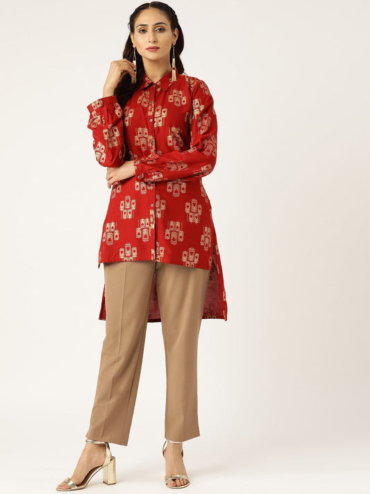 Women's Maroon Cage Print High Low Shirt