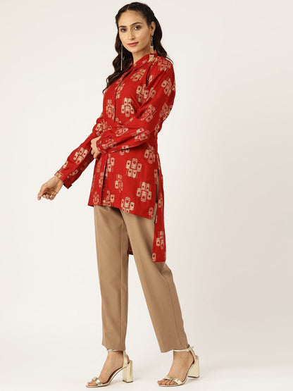 Women's Maroon Cage Print High Low Shirt