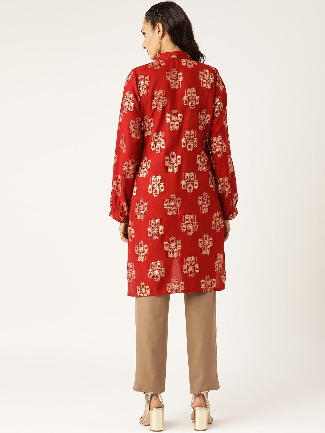 Women's Maroon Cage Print High Low Shirt