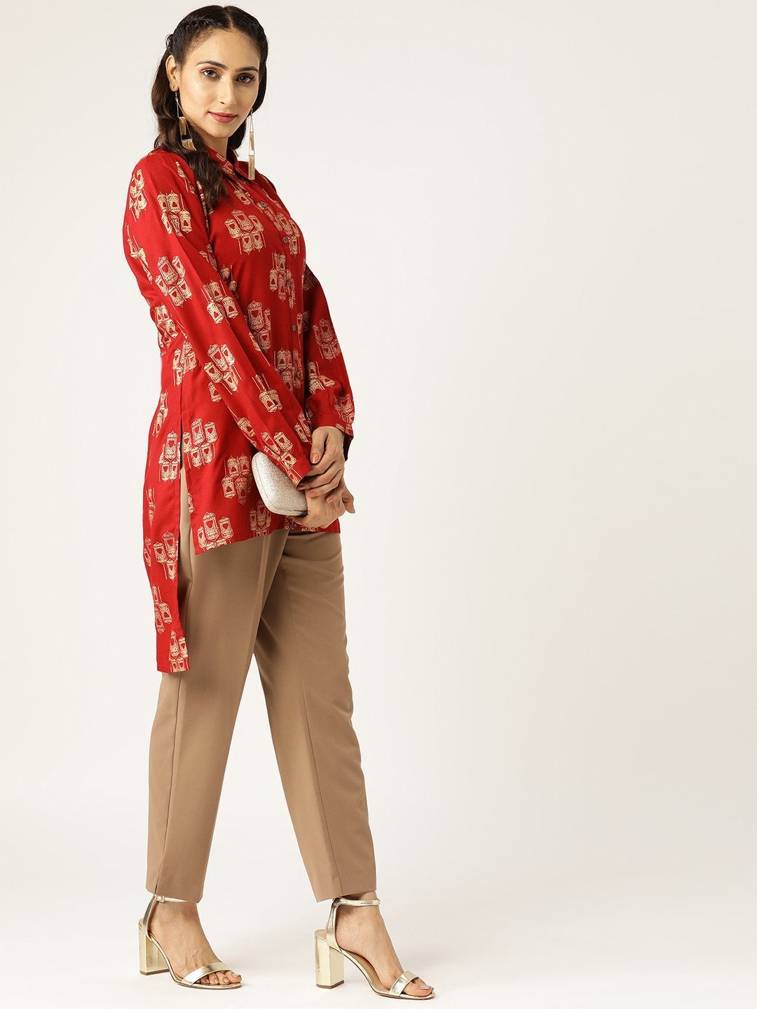 Women's Maroon Cage Print High Low Shirt