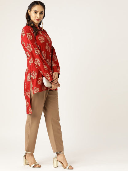 Women's Maroon Cage Print High Low Shirt