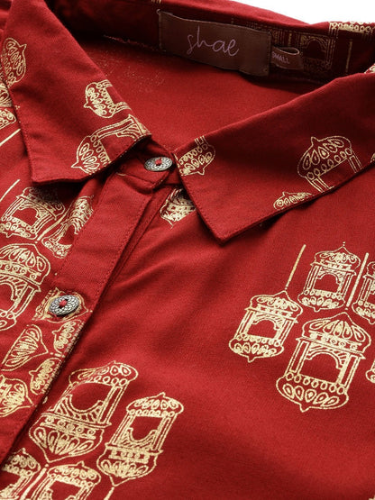 Women's Maroon Cage Print High Low Shirt