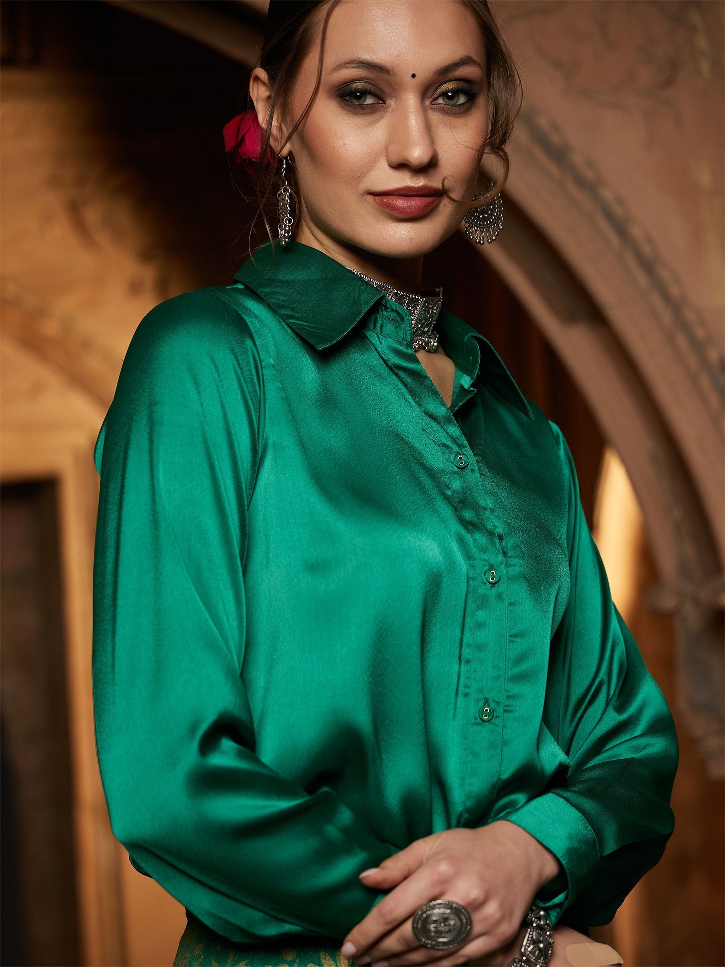 Women's Green Satin Regular Shirt