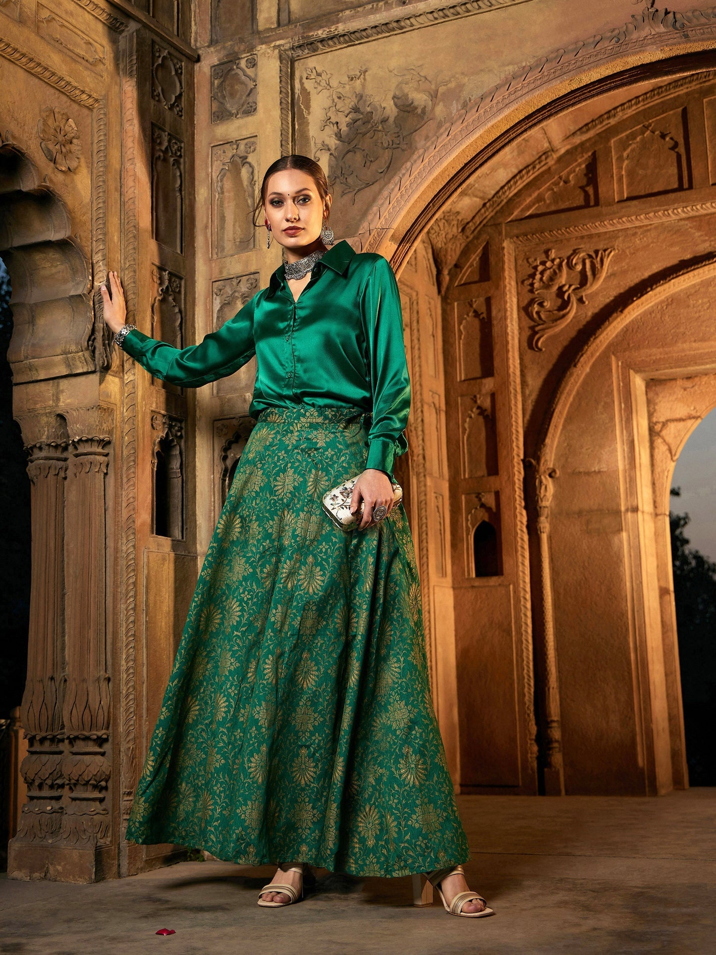 Women's Green Satin Regular Shirt
