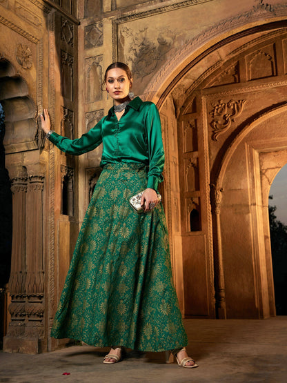 Women's Green Satin Regular Shirt