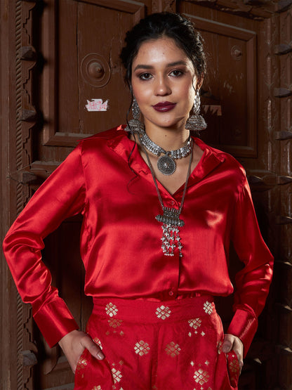Women's Red Satin Regular Shirt