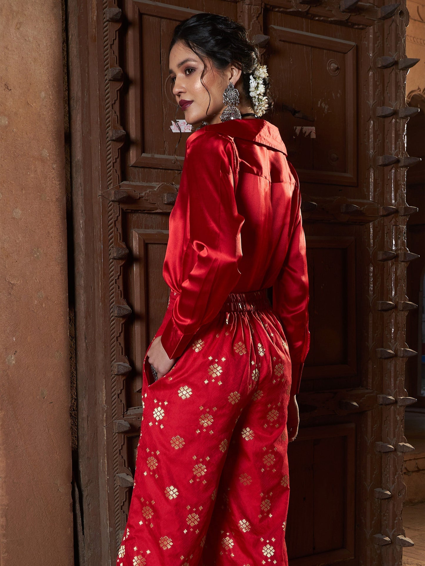 Women's Red Satin Regular Shirt