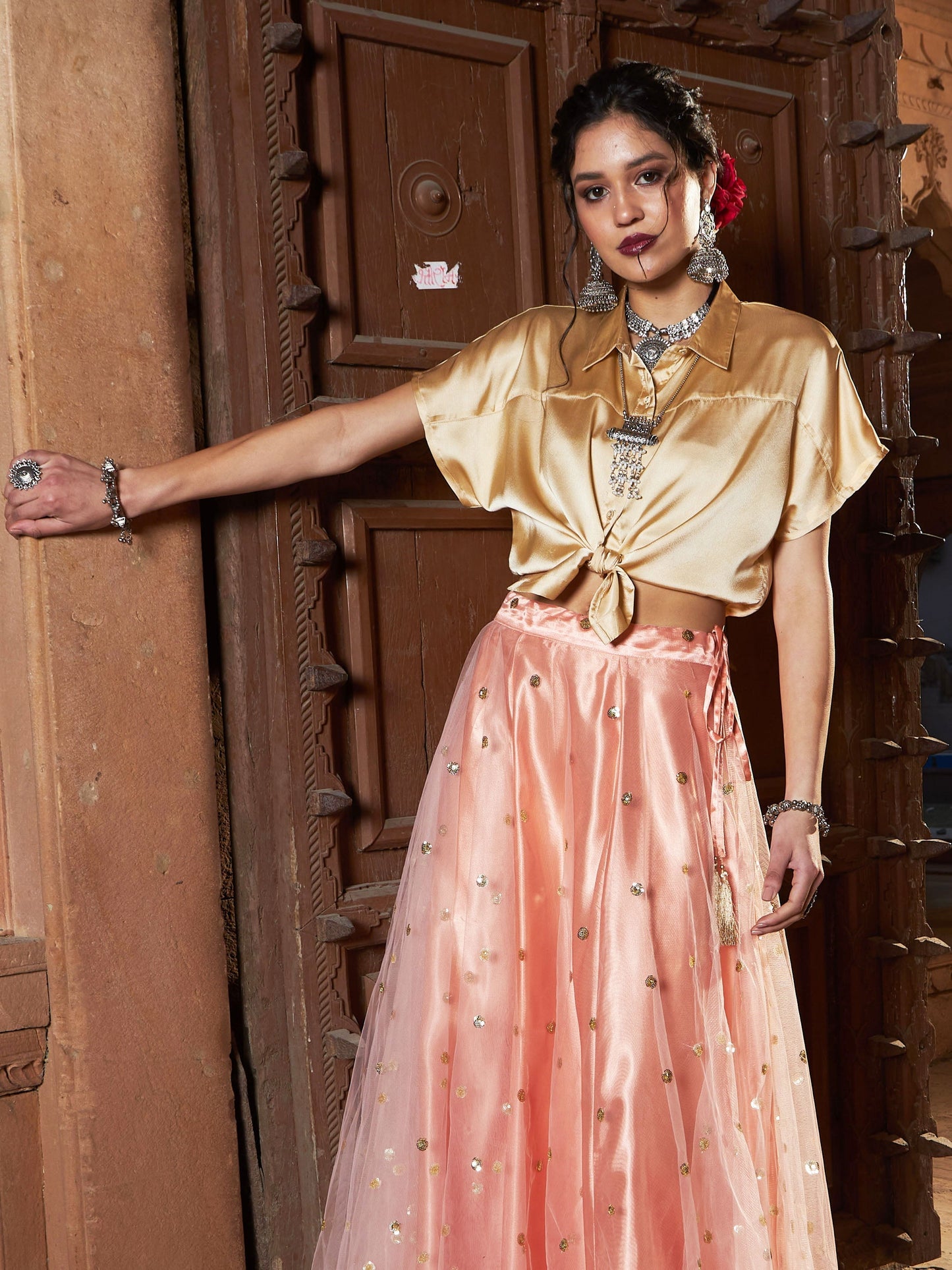 Women's Gold Satin Tie Knot Crop Shirt