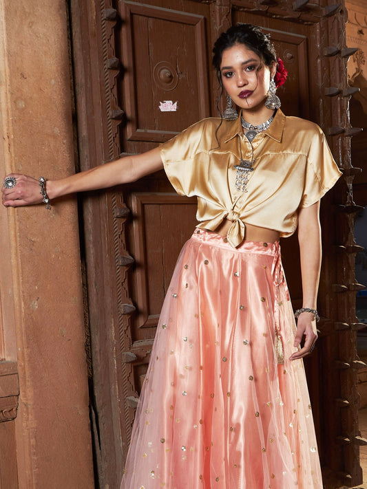 Women's Gold Satin Tie Knot Crop Shirt