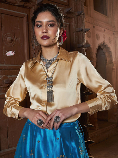 Women's Gold Satin Regular Shirt