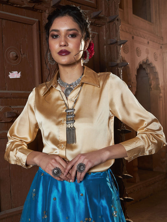 Women's Gold Satin Regular Shirt