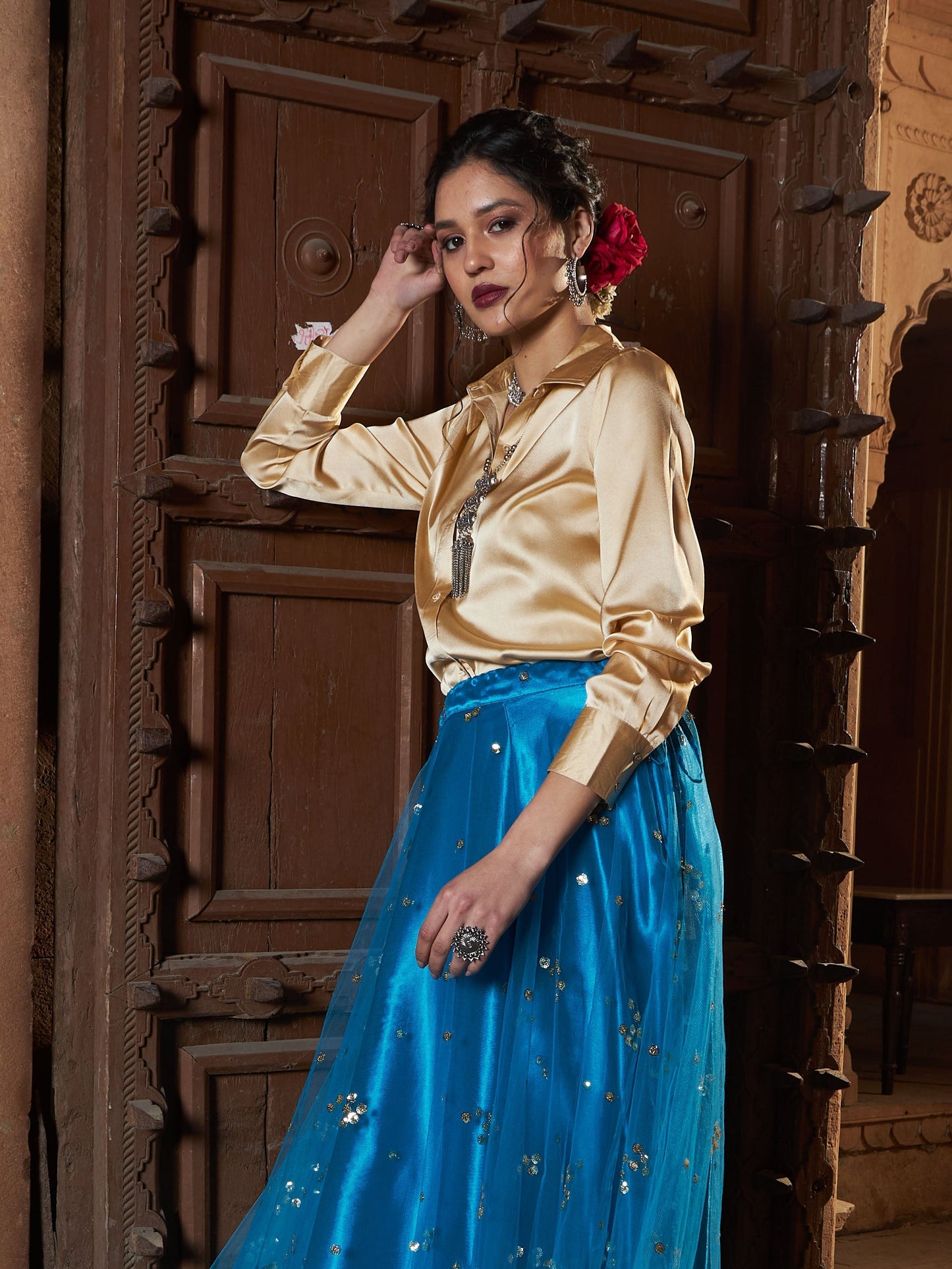 Women's Gold Satin Regular Shirt