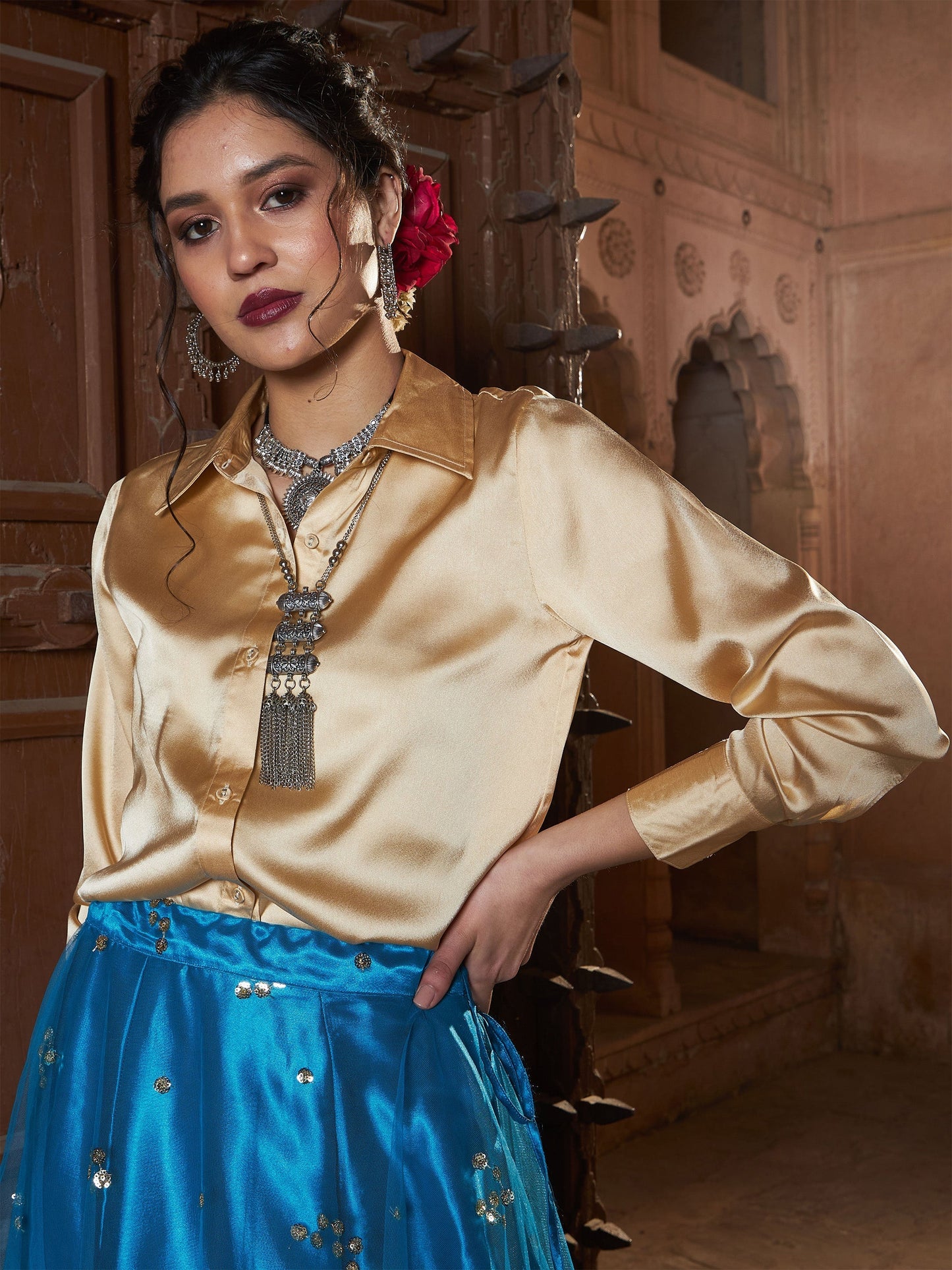 Women's Gold Satin Regular Shirt
