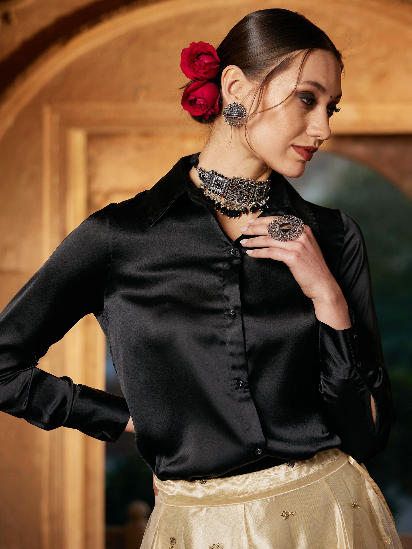 Women's Black Satin Regular Shirt