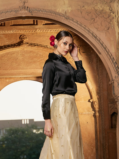 Women's Black Satin Regular Shirt