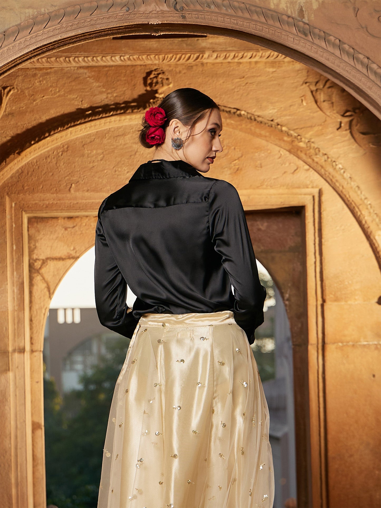 Women's Black Satin Regular Shirt