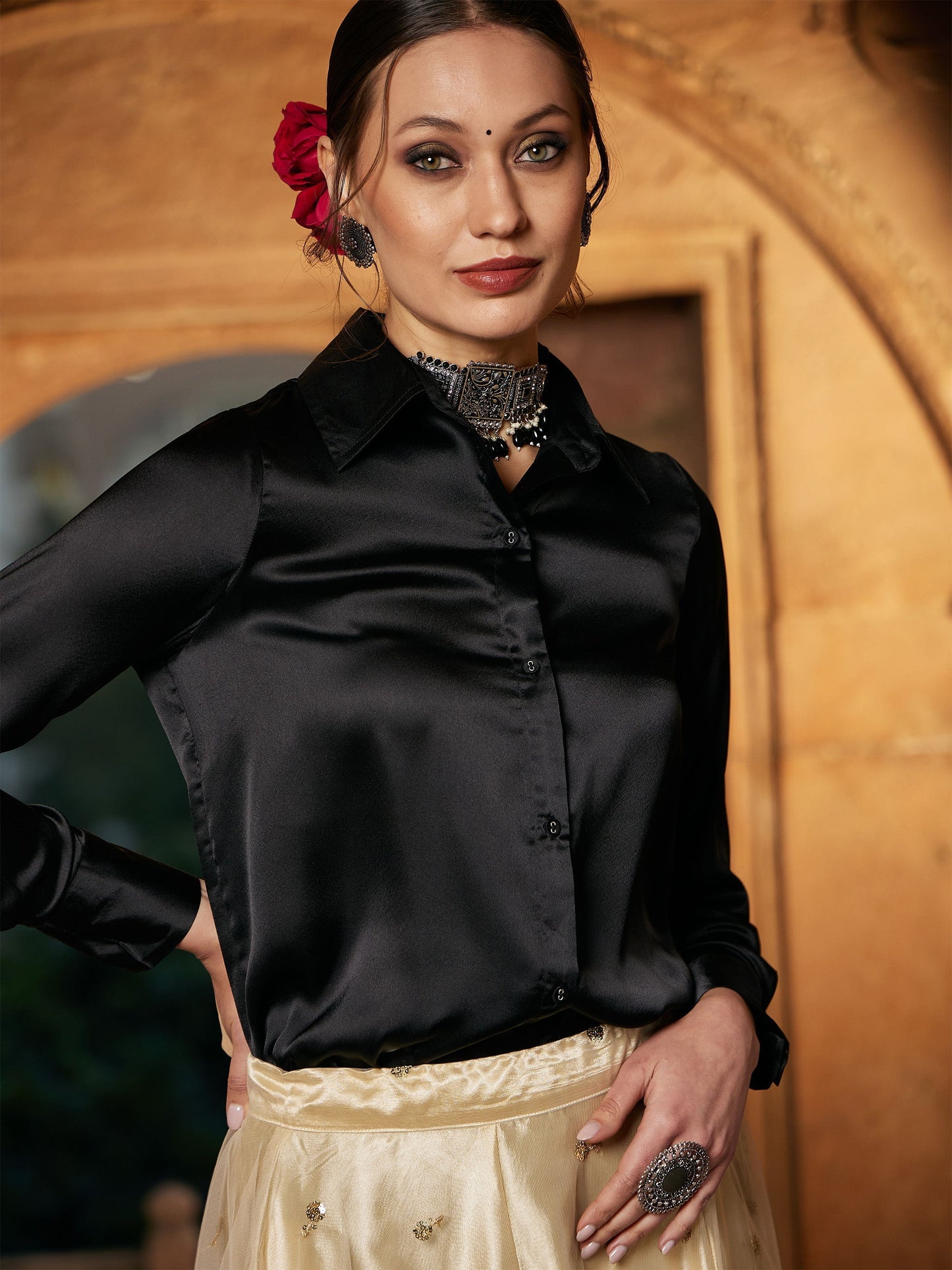 Women's Black Satin Regular Shirt