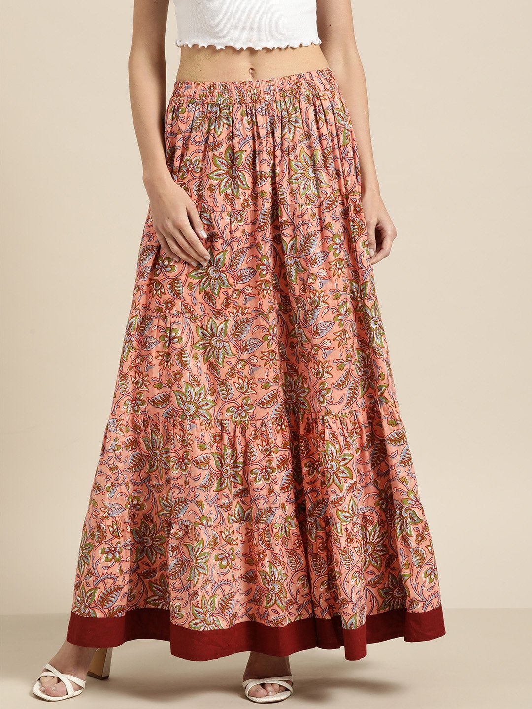 Women's Pink Floral Tiered Skirt With Solid Border