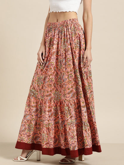 Women's Pink Floral Tiered Skirt With Solid Border