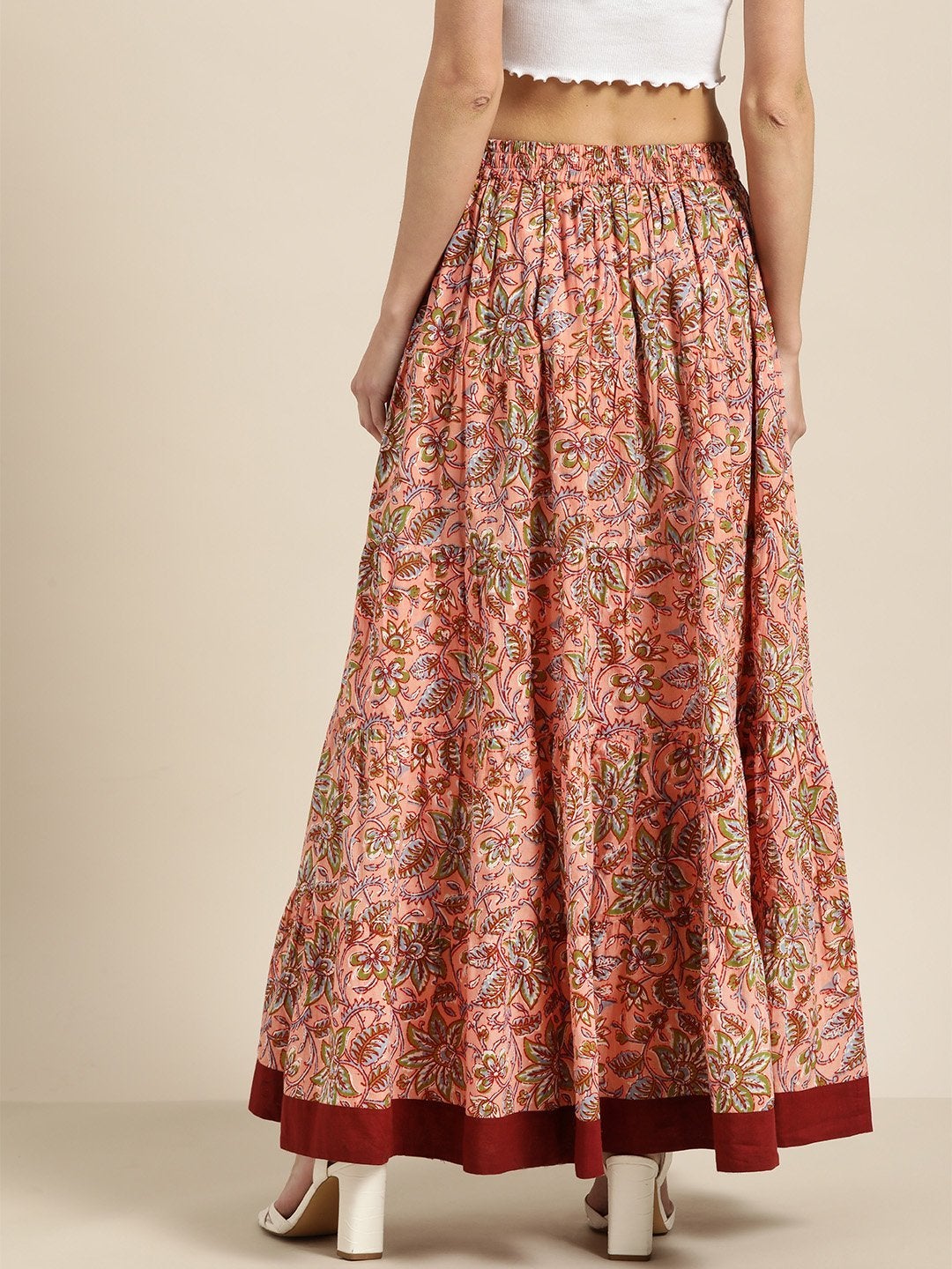 Women's Pink Floral Tiered Skirt With Solid Border
