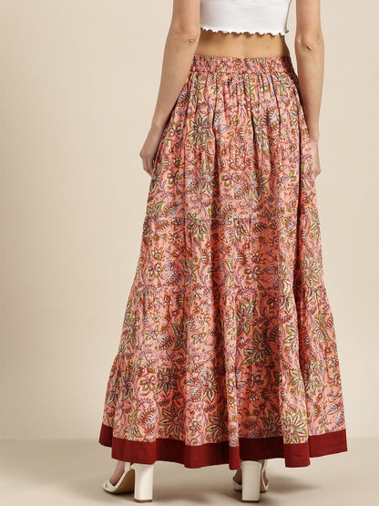Women's Pink Floral Tiered Skirt With Solid Border