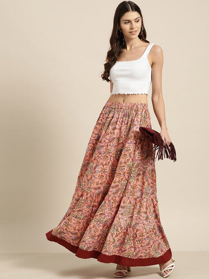 Women's Pink Floral Tiered Skirt With Solid Border