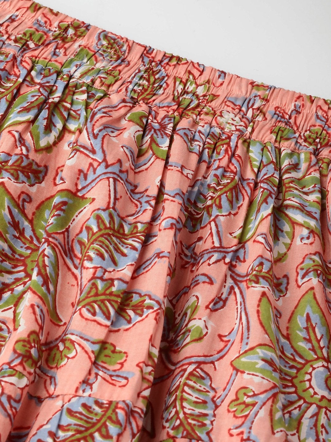 Women's Pink Floral Tiered Skirt With Solid Border